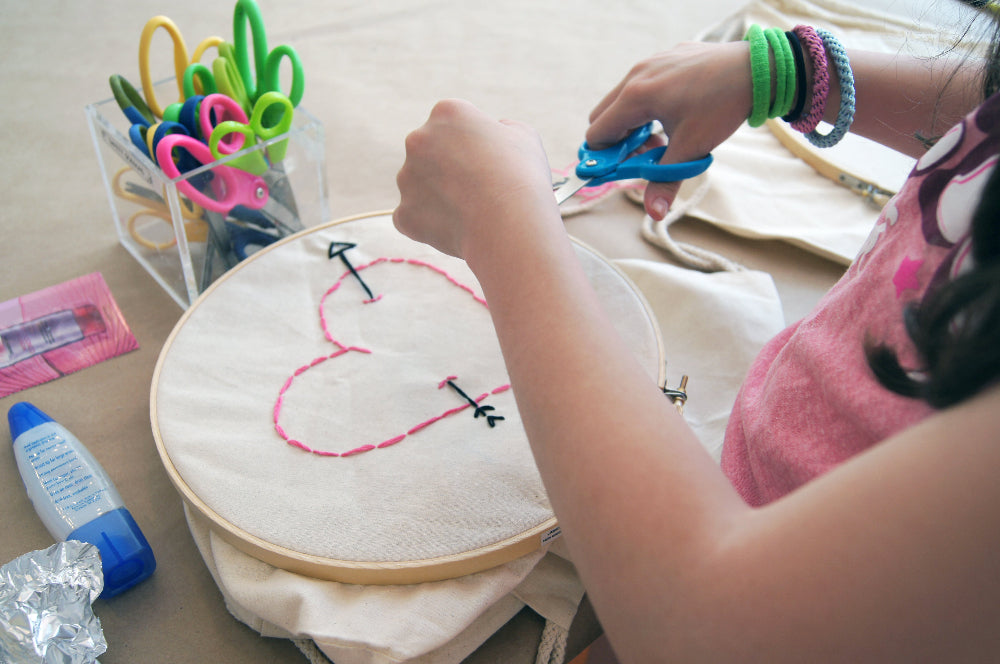 Person working on a embroidery project with scissors and thread.