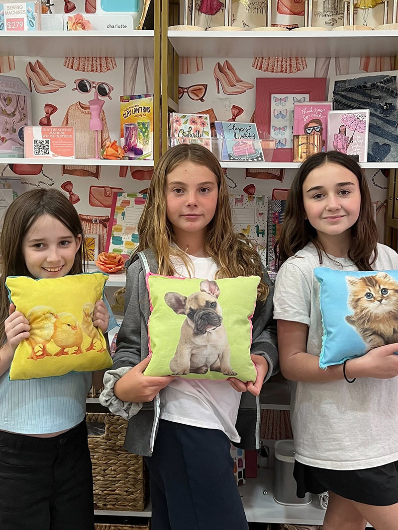 Girls holding pillows in a store