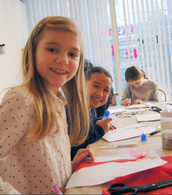 girl smiling over fashion illustration